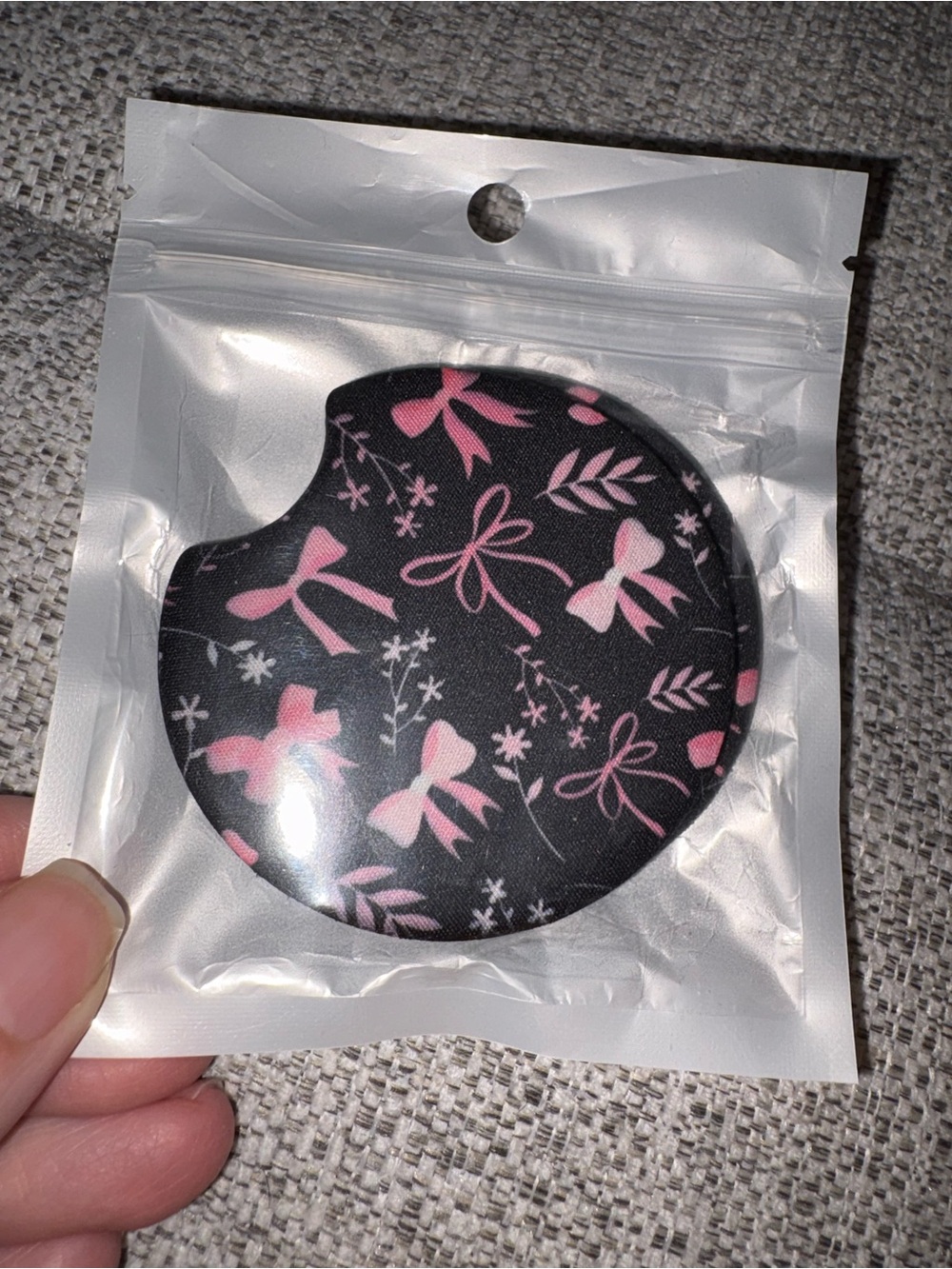 Car Coaster Cup Holder Protector - Black with Pink Bow Print